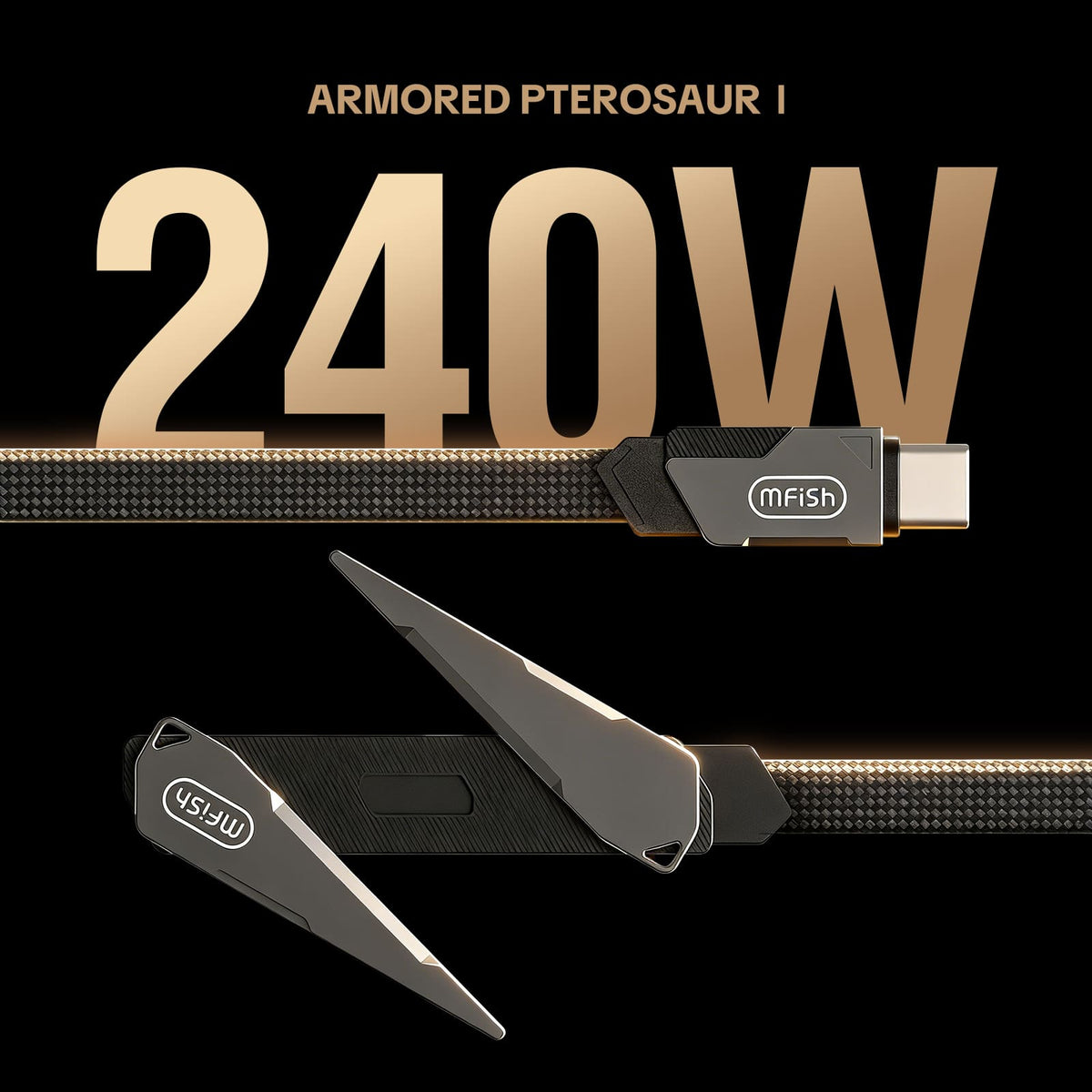Cable USB-C mfish Armored Pterosaur (240 W, forma de T, soporte para teléfono plegable integrado)