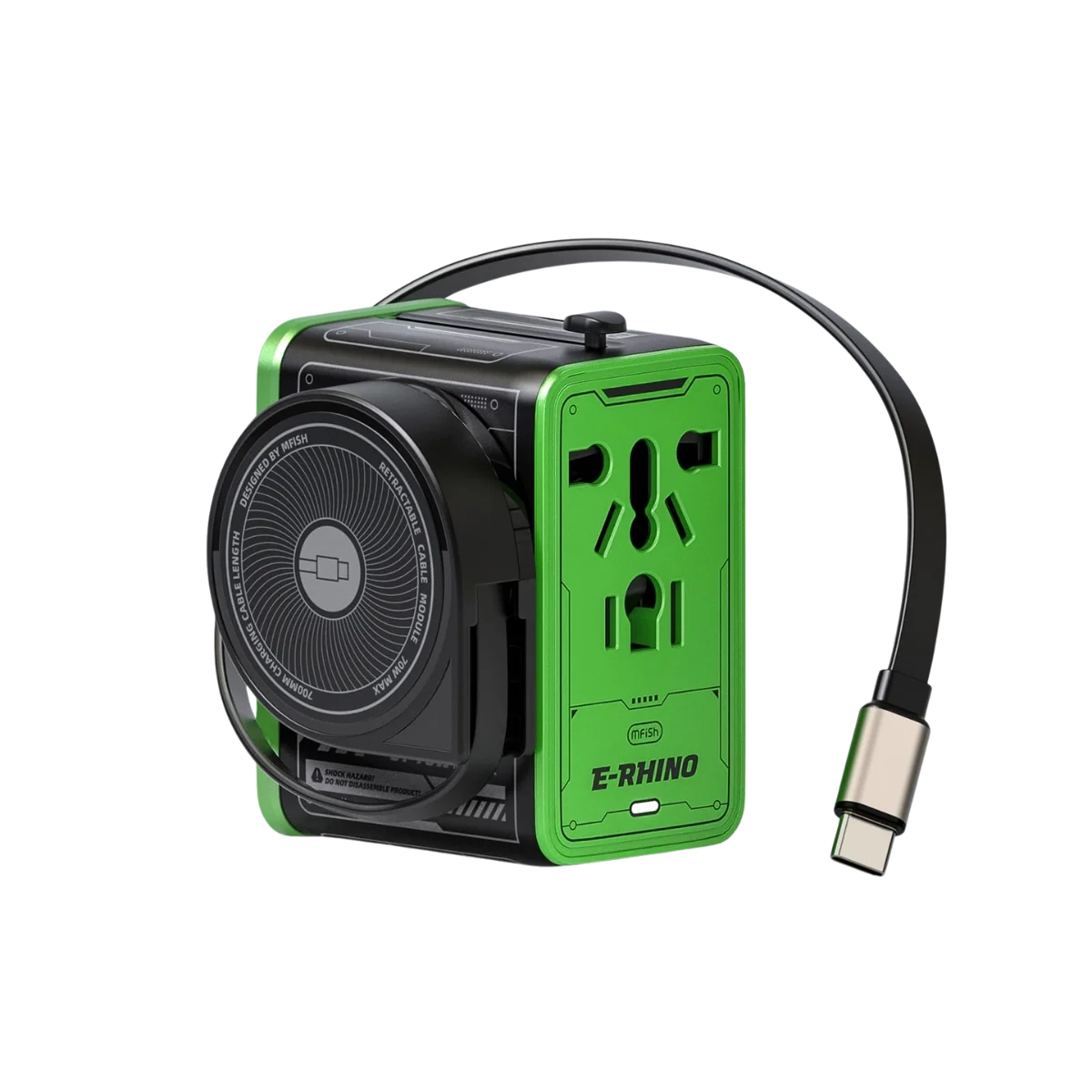 mfish E-RHINO Travel Adapter (75W, 5-in-1, GaN, Built-in Retractable Cable)
