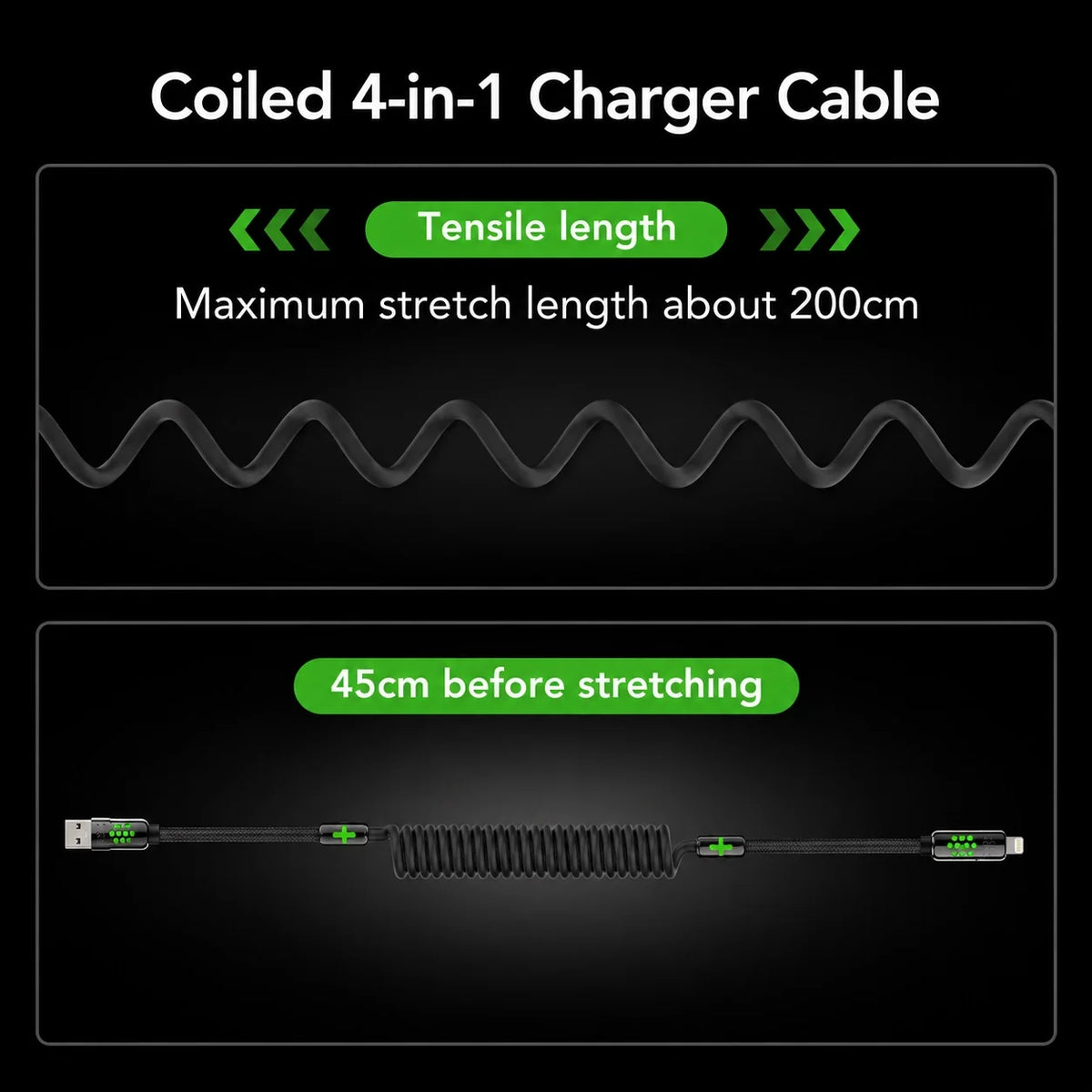 Cable en espiral mfish Armored Dragon 8 (4 en 1, 240 W) - Sin enredos para coche y escritorio