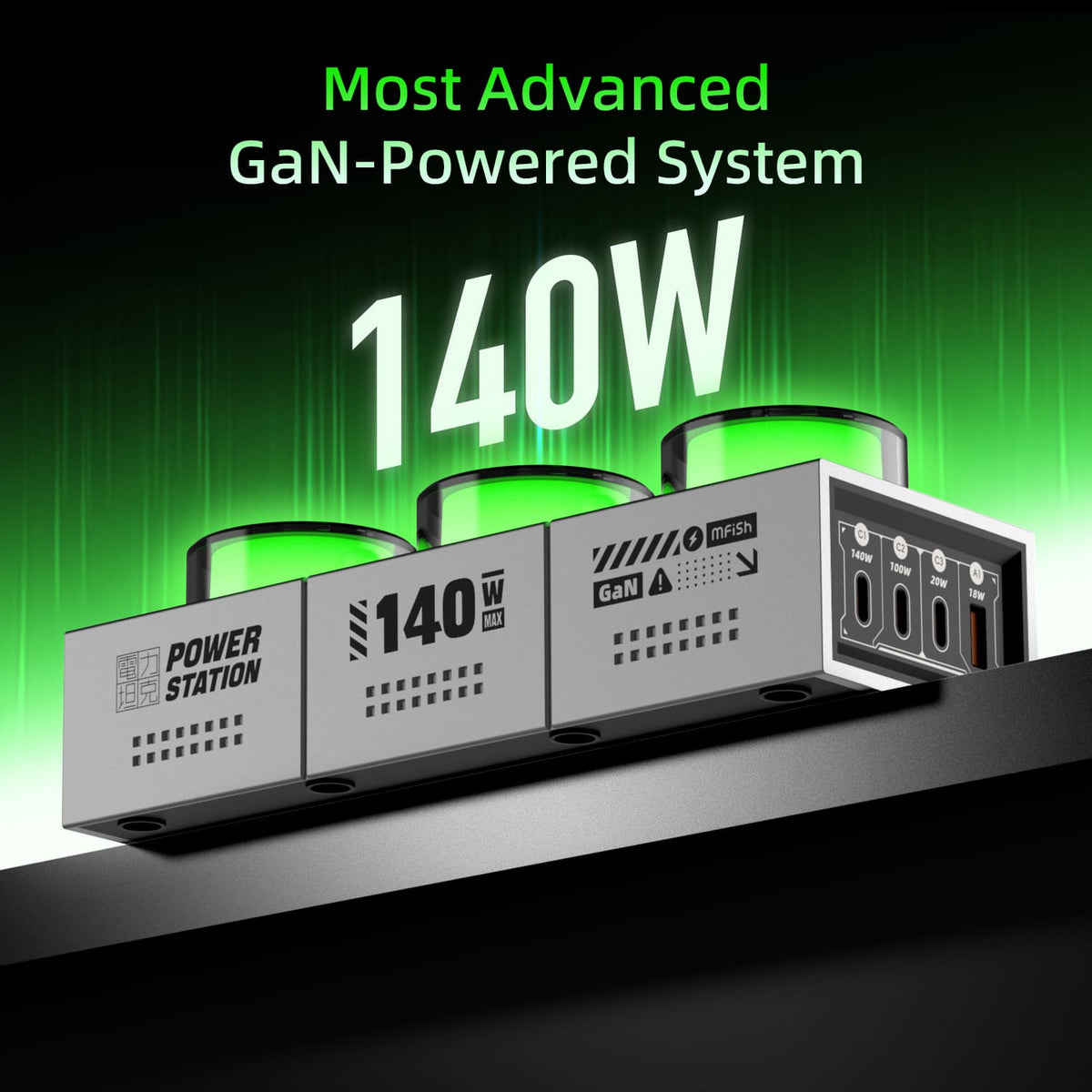 Estación de carga de escritorio mfish E-Tank 140W GaN RGB