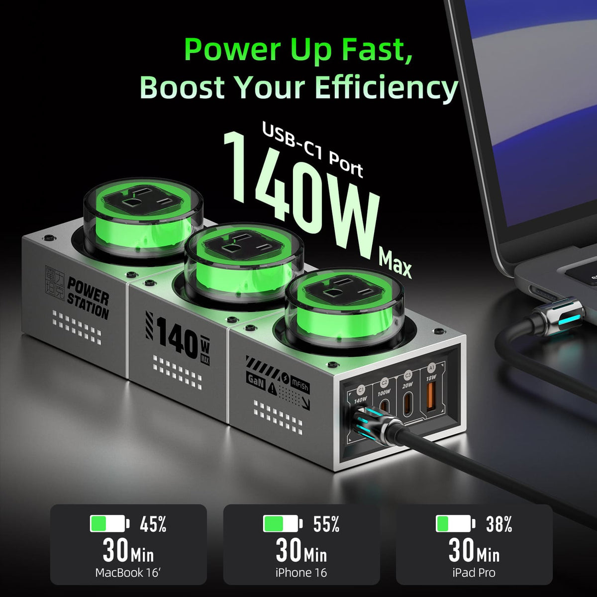 Estación de carga de escritorio mfish E-Tank 140W GaN RGB