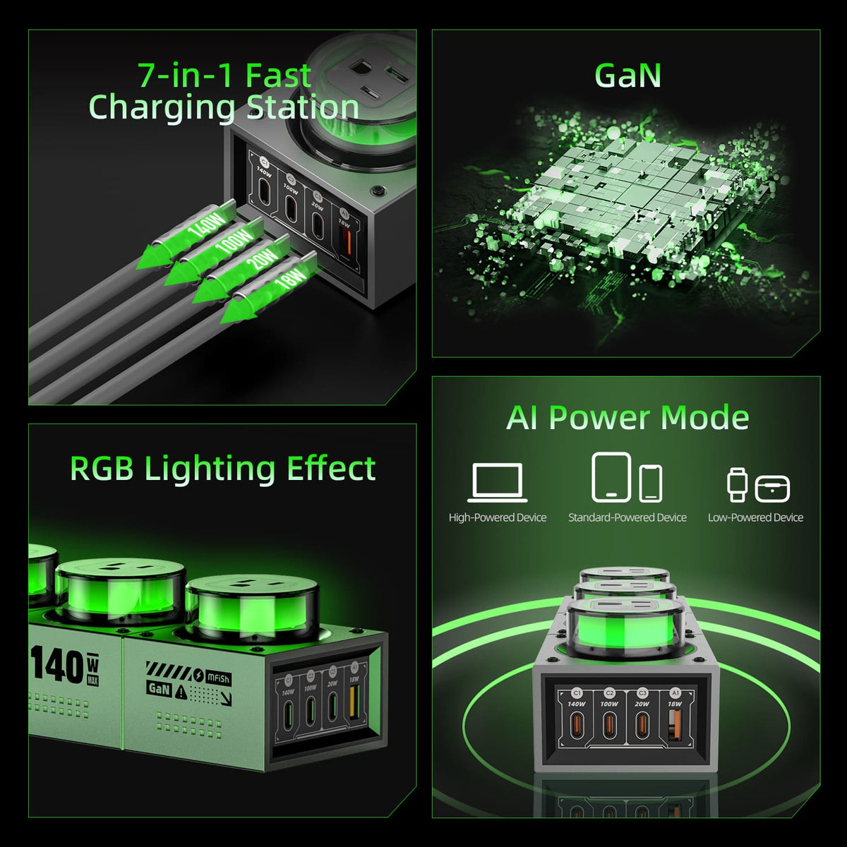 Estación de carga de escritorio mfish E-Tank 140W GaN RGB