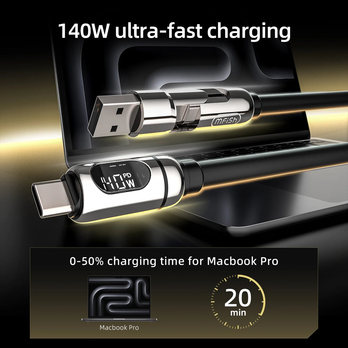 Cable de carga mfish Gemini Dragon (dispositivo dual, 140W, pantalla en tiempo real)