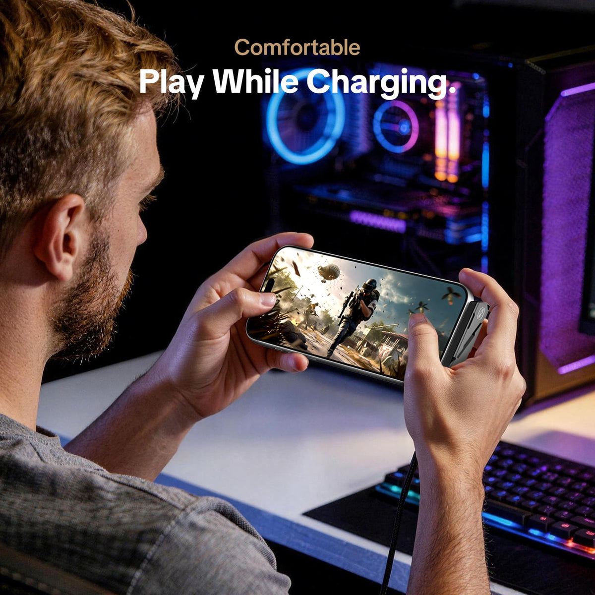 Cable USB-C mfish Armored Pterosaur (240 W, forma de T, soporte para teléfono plegable integrado)