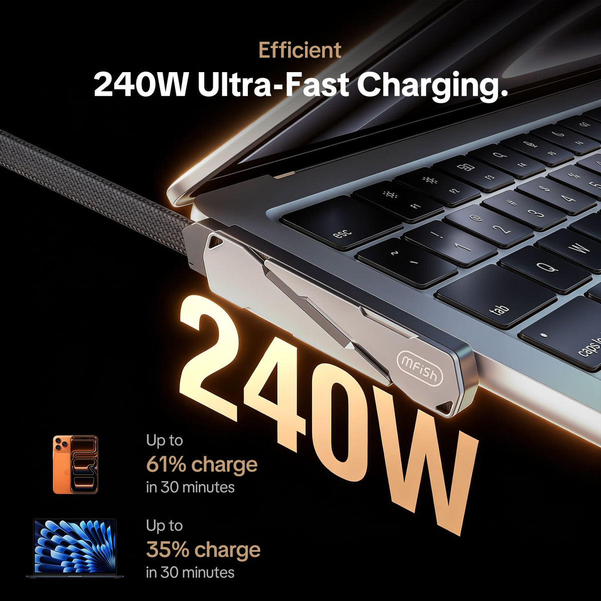 Cable USB-C mfish Armored Pterosaur (240 W, forma de T, soporte para teléfono plegable integrado)