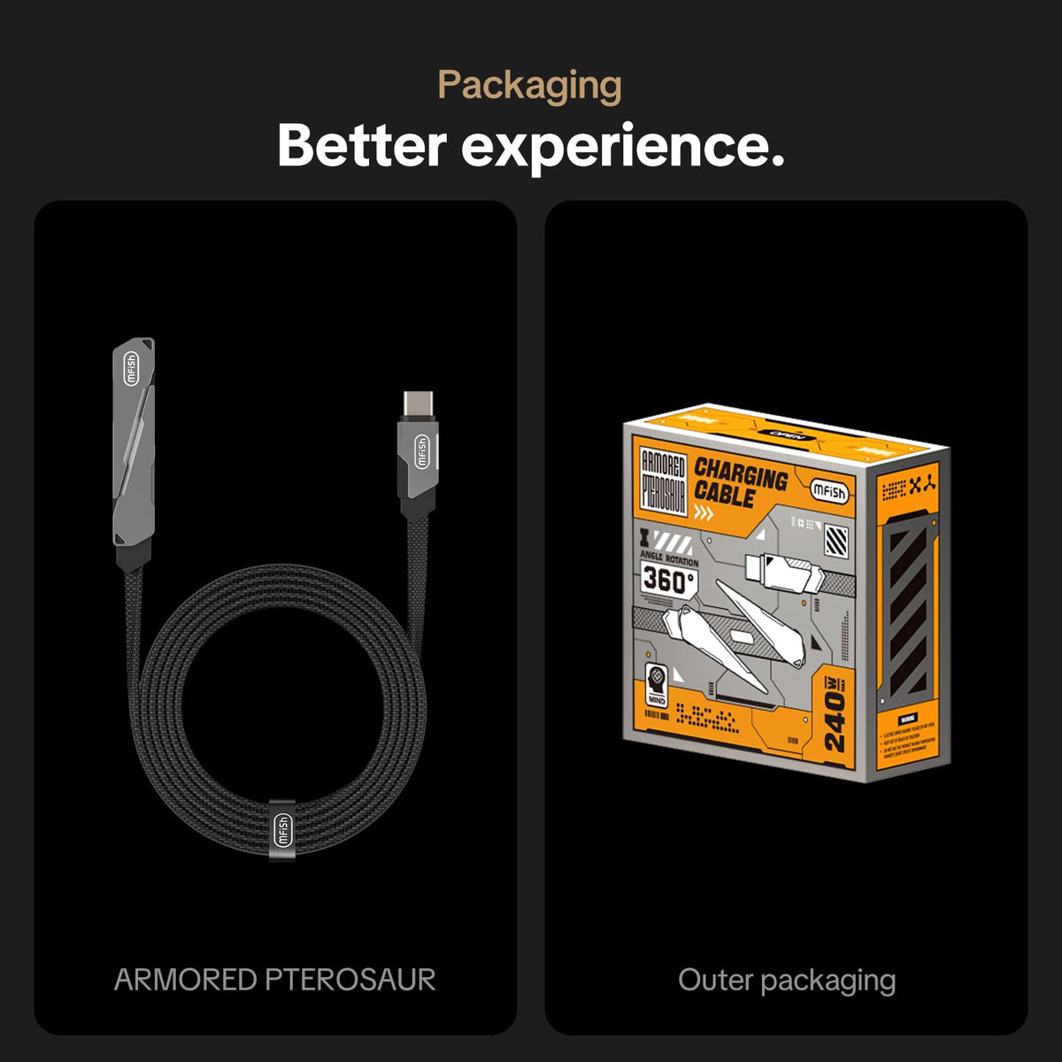 Cable USB-C mfish Armored Pterosaur (240 W, forma de T, soporte para teléfono plegable integrado)