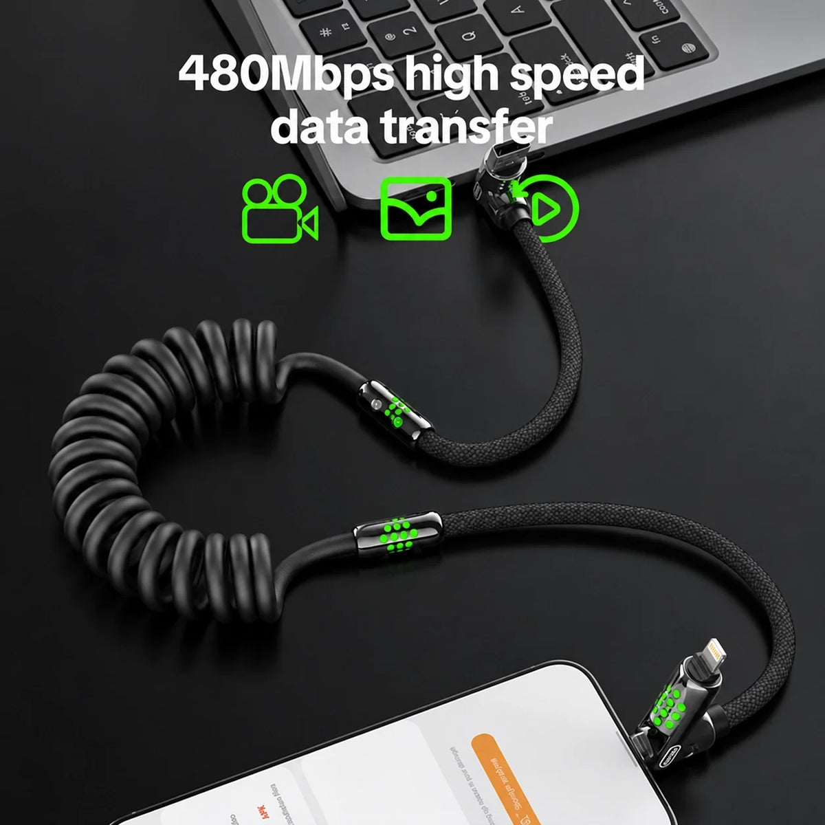 Cable en espiral mfish Armored Dragon 8 (4 en 1, 240 W) - Sin enredos para coche y escritorio
